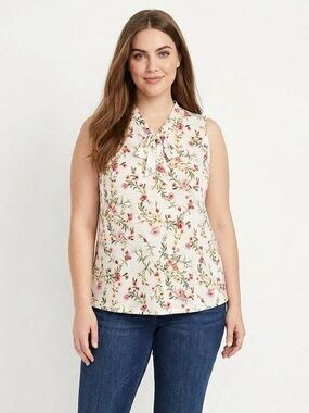 Anthro NAÏF tie neck floral sleeveless blouse size petite Extra Large